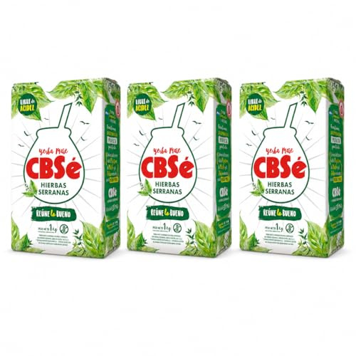 Pack 3 Yerba Mate Hierbas Serranas CBSe 1 kg, 3 kg total, yerba mate compuesta con palo y hierbas serranas, con poleo peperina menta y cedrón, sabor herbal y refrescante.