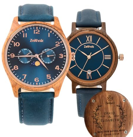 Zeitholz Holzuhren für Paare, Gravierte & Personalisierte Geschenke, 100% Naturholz, Analoguhren mit Japanischem Quarzuhrwerk, Klitten 42mm für Ihn & Rosenbach 36mm für Sie