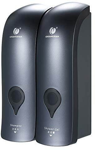 Decdeal - 2 Dispenser di sapone (300 ml) per Doccia a Parete senza Foratura, Manuale a Doppia Testa per Bagno (Grigio)