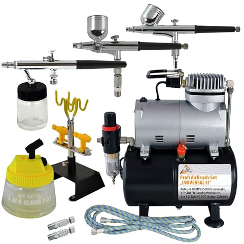 Airbrush-Set Universal II Komplett-Set mit Airbrush Kompressor 3 hochwertigen Pistolen, Halter, Kompressor-3L Tank, Schnellkupplungen, Cleaning Pot, Schlauch und Reinigungsbürsten und Kleinzubehör