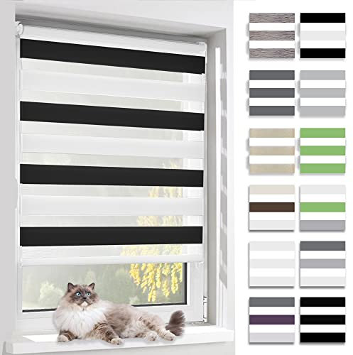 BelleMax Doppelrollo Klemmfix ohne Bohren & mit Bohren, Weiß Schwarz 75x120cm(BxH), Duo Rollo, Sonnenschutz lichtdurchlässig Blickdicht, Klemmrollo Fensterrollo, Rollos für Fenster und Tür