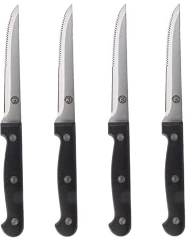 MasterChef Steak Knives Set of 4, Hand Sharpened, Serrated Stainless Steel Blades measure 11cm (4.5in) with Traditional Black Triple Riveted Comfort Grip Handles, Dishwasher Safe 4pc Steak Knife Set
