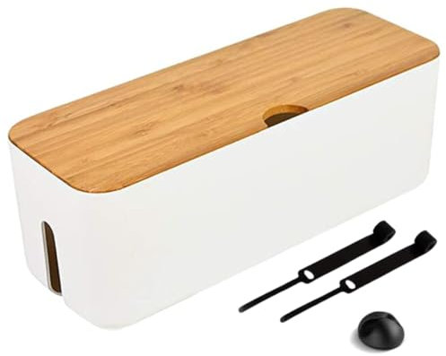 Caja Organizadora de Cables con Tapa de Bambú - Oculta Cables y Regletas - Ideal para Hogar u Oficina - Incluye Bridas Reutilizables y Clip Adhesivo - Color Blanco