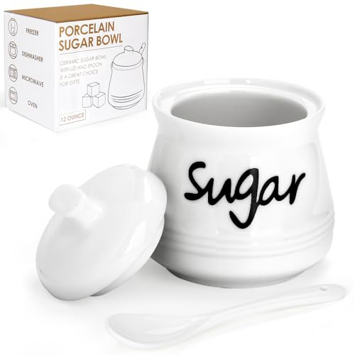 Swetwiny Ceramic Sugar Bowl with Lid and Spoon, 12 Ounces Porcelain Sugar Jar Sugar Dispenser, Sugar Container for Home and Kitchen Decor (White)