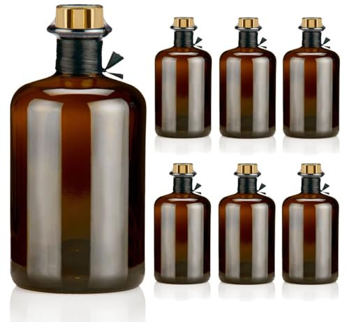 6 Apothekerflaschen braun 500ml leer schwarz antik Profiset Korken gold, Flaschenkapseln & Geschenk Band, Braunglas Flaschen 0,5L für Öl, Gin, Kräuter Schnaps uvm.