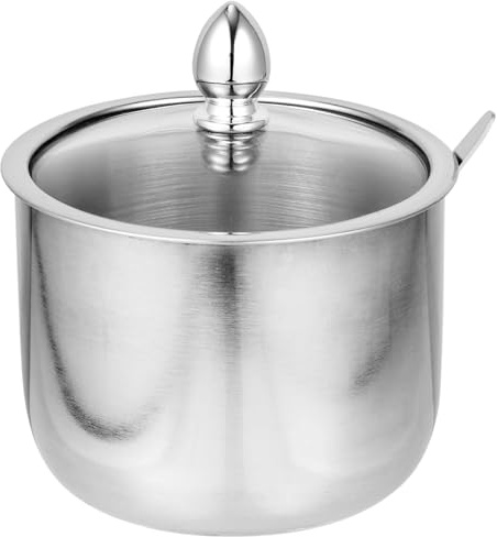 Yardwe Azucarero de acero inoxidable, azucarero con cuchara, sartén con tapa y cuchara para servir, para el hogar, cocina, hotel y café (plata)