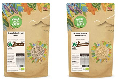 Wholefood Earth Organic Sunflower Seeds 1kg Raw | GMO Free | Vegan | High Fibre | Source of Protein | Certified Organic & Organic Sesame Seeds Hulled 1kg Raw | GMO Free | Vegan | Certified Organic
