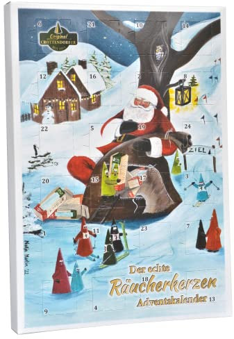Original Crottendorfer Räucherkerzen - Adventskalender mit 24 Räucherkerzen - Motiv Weihnachtsmann und der Winterurlaub - Made in Germany