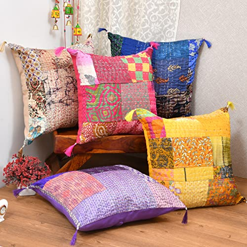 Flying Trade 18X18 Indian Ethnic Bohemian Set of 5 Decorative Colorful Square for Sofa Set Home Decorative Floral Design Boho Throw Pillow Case Silk Cushion Cover