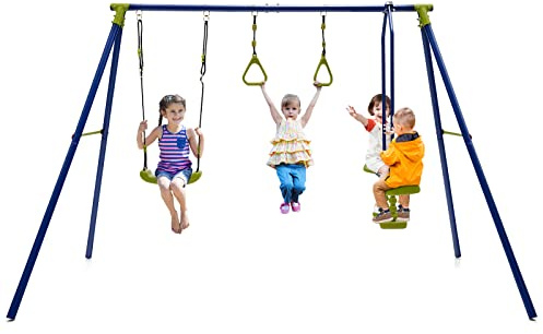 DREAMADE Ensemble de Balançoire Exterieur 3 en 1,Portique Balançoire en Métal pour Enfants 3+, avec 1 Vis-à-vis,2 Anneaux Gymnastique,Balancoire Réglable