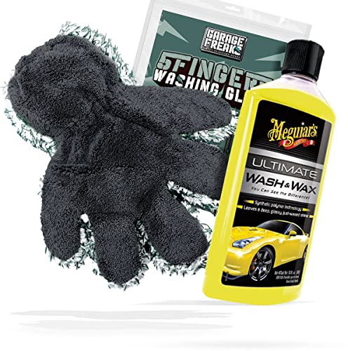 Autowäsche Bundle - Autoshampoo Meguiars Wash & Wax 0,473L + Garage Freaks 5 Fingers Washing Glove - Autopflege Set mit Fünf Finger Waschhandschuh und Auto Shampoo