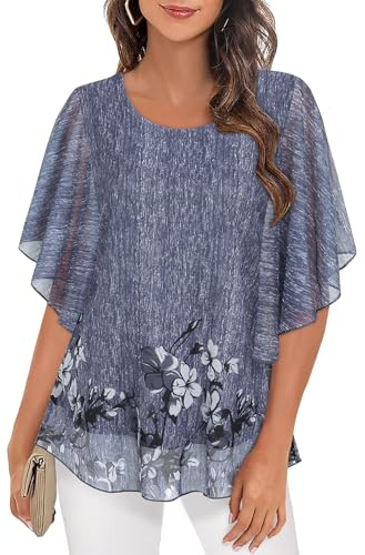 Syphiby Blusas para mujer, con volantes, manga 3/4, de malla, de gasa, de doble capa, holgadas, gris, XXL
