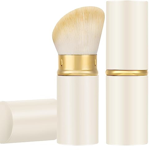 Einziehbare Kabuki Make-up Pinsel, abgewinkelte Reise Puder Blush Pinsel | Tragbarer, makelloser Make-up-Pinsel für Foundation, Rouge, Bronzer, Polieren, tierversuchsfrei, mit Deckel, Aluminiumgriff