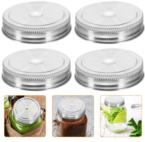 Kichvoe 10pcs Stainless Steel Jar Lids with Hole Airtight and Leak Drink for Cold Beverages for Tea and Oatmeal Jars and Stylish Design