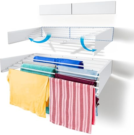 Step Up Laundry Drying Rack (Extra Large: 47 Inches, 12 Lbs), Wall Mounted, Retractable Clothes Drying Rack, 70lbs Capacity, 27 Linear Ft, with Wall Template and Long Drill Bit (47 White)