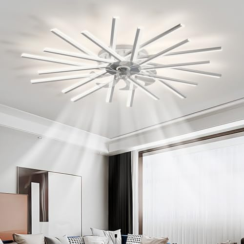 TuoyuanW Lampadario Con Ventilatore Da Soffitto Memoria Dimmerabile LED Soggiorno Ventilatore Da Soffitto Con Luce 6 Velocità Reversibile Plafoniera Con Ventilatore Con Telecomando E APP-White||100CM