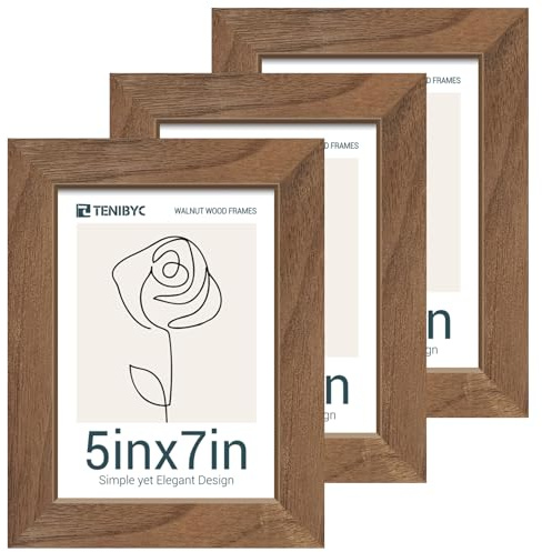 TENIBYC 5x7 Picture Frame 3 Pack with HD Glass - Brown Walnut, Natural Wood Photo Frame, Table Decoration
