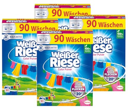 Weißer Riese Color Pulver 360 Waschladungen (4x 90 WL), Colorwaschmittel wirkt riesig stark gegen Flecken, Kalt-Aktiv schon ab 20° C, ergiebiges Waschpulver, ideal für Familien mit Kindern