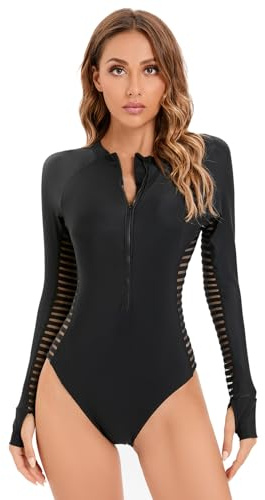 Odizli Swimming Costume Women Long Sleeve Zipper Zip Up One Piece Swimsuit Ladies Muslim Full Body Burkini Modest Swimwear Rash Guard Neoprene Bathing Suits Wet Surf Wetsuit Black Hollow Out M