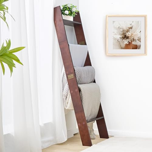 XUNIQUE 5-Tier Blanket Ladder for The Living Room, 4.8 FT Anti-Slip Decorative Ladder Shelf Leaning Quilt Rack, Lightweight, Easy Assemble, Wooden Blanket Rack (Brown)