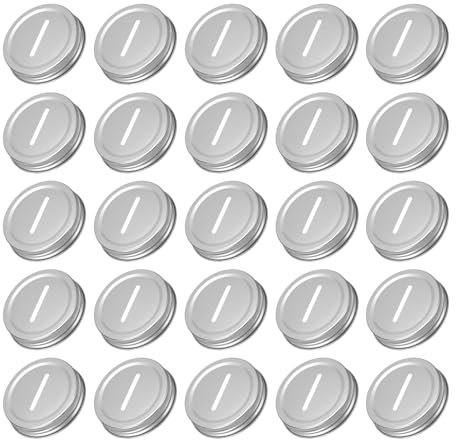 uxcell 25 Pcs Metal Coin Slot Lid 70mm Tinplate Canning Bank Caps for Money Saving Cards, Regular Mouth Caps Inserts for Mason, Canning Jars, Silver Tone