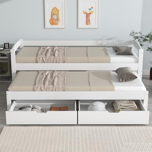 Sapgaks Schlafsofa (200 x 90 cm/190 x 90 cm), Einzelbett/Doppelbett, Ausziehbett auf Rollen, mit 2 Schubladen, MDF, weiß (Matratze nicht im Lieferumfang enthalten)
