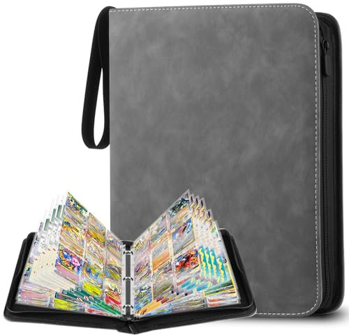 YSWOVUO Sammelkarten Album, Transparent Sammelalbum Karten, 900 Pockets Trading Cards Mappe, Karten Ordner, Sammelkartenalben mit Reißverschluss, Grau