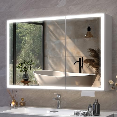 Aovquof spegelskåp med belysning – 100 × 60 cm spegelskåp, badrum med förvaringsutrymme, badrumsspegelskåp med justerbara dimbara LED-lampor med demistfunktion, modern krämfärg
