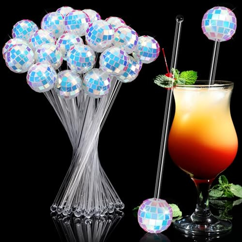 Sawysine 24 Pcs Disco Balls Cocktail Stirrers Plastic Round Top Swizzle Sticks Cake Pops Mirror Ball Coffee Beverage Stirrers for Home Bar Coffee Shop Use (Iridescent)