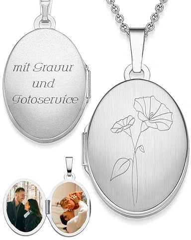 Amoonìc Damen Medaillon mit Geburtsblume oval Silber 925 / Gold vergoldet | Kette zum Öffnen für Bilder personalisiert mit Geburtsblumen Gravur, Geschenk Geburtstag