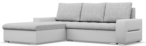 Mebligo - Ecksofa mit Schlaffunktion und Bettkasten Aurora, Eckcouch mit Ottomane Links, Sofa L Form (BxTxH) 243 x 200 x 92 cm, Couch Wohnzimmer, Ecke Sofa, Grau + Weiß (Samt und Kunstleder)