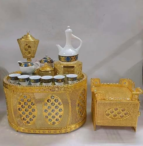 Traditional Ethiopian Coffee Table Set, Oval Rekebot with Gold Crystal Design