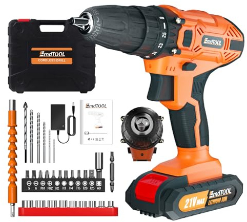 Cordless Drill Driver 21V, Handheld Screwdriver Combi Drill Set with Battery and Charger, 3/8'' Keyless Chuck, 45Nm, 25+1 Torque, 29pcs Accessories & LED Light for Home and Garden DIY, Orange