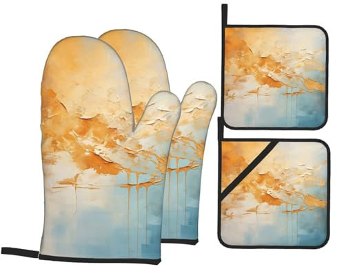 Mitaines De Four Impression De Peinture Anti Chaleur Baking Gloves Professionnel Maniques Cuisine pour Barbecue Grillade Cuisson,4 Pièces