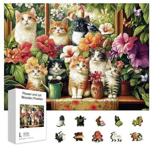 GLOBLELAND 300Pcs Flowers and Cats Wooden Jigsaw Puzzles for Adult Colorful Unique Shaped Animals Cats Jigsaw Puzzles Colorful for Adults Christmas Halloween Birthday