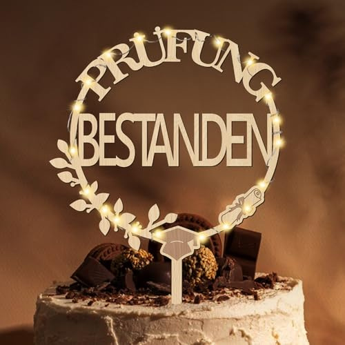 Giftota 2026 Abschluss Deko Cake Topper Prüfung Bestanden Holz mit LED Lichterkette - Tortendeko Graduation Deko - Abitur 2026, Matura, Bachelor