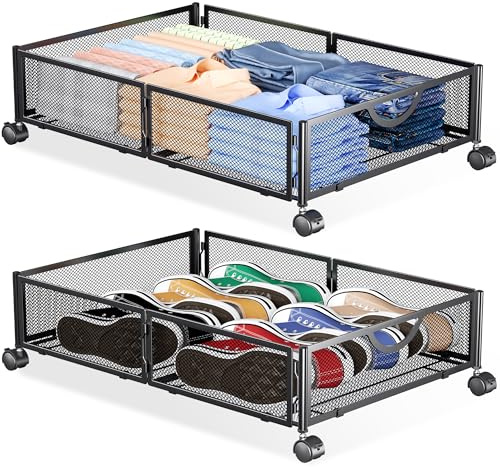 Yecaye Under Bed Storage with Wheels, 2 Pack Under Bed Shoe Storage Organizer Drawer, Tool-free Assembly Metal Underbed Storage Containers for Clothes, Shoes, Black