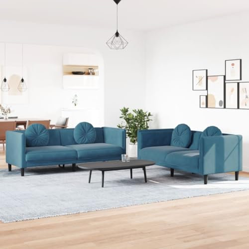 MOBCANT 2-TLG. Sofagarnitur mit Kissen Blau Samt Sofabezug Modulares Sofa Polstergarnitur Schlafcouch für Büro Empfangsraum Schlafzimmer Wohnzimmer