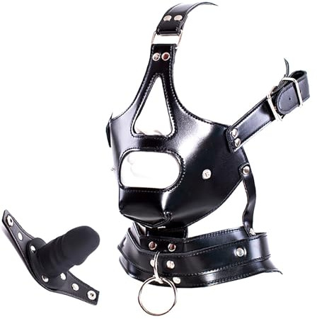 YILUQIFLY Noir Masque de tête en cuir PU avec harnais et bâillon amovible pour pénis Masque de tête à capuche BDSM Restraint Gode bâillon en silicone Sexuel pour Hommes Femmes Couple