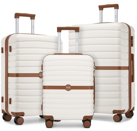 Kono Suitcase Sets of 3 Piece Lightweight ABS + PC Hard Shell Trolley Case 20 24 28 Travel Luggage with 3 Digit Combination Lock Spinner Wheels (Cream/Brown)