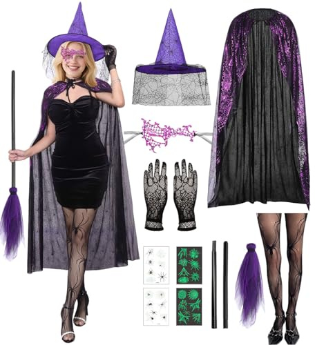 Moerstar Halloween Hexenkostüm Damen, Lila Hexen Umhang mit Kapuze Set Hexenhut und Accessoires Hexenkostüm Erwachsene für Halloween Karneval