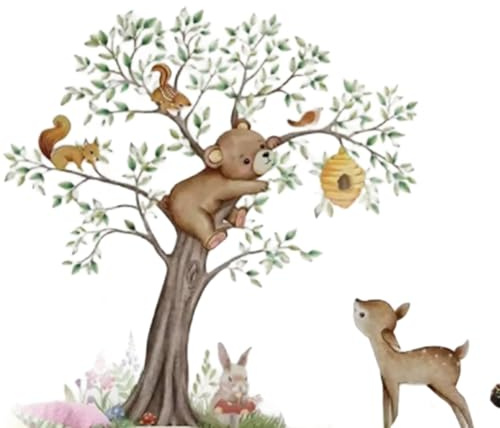 Fangxuee 4 Pegatinas de Pared con Dibujos de Animales de y Árboles para Habitación Infantil, Decoración de Pared, Papel Tapiz Infantil con Animales Adorables.