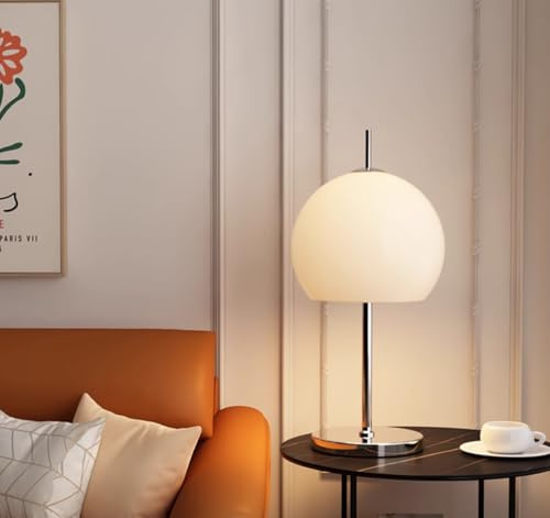 Mid-Century Modern Mushroom Table Lamp - Nordic Bauhaus Art Deco Design with Glass Dome Shade & Base - Stylish Desk & Bedside Light for Living Room & Bedroom (White)