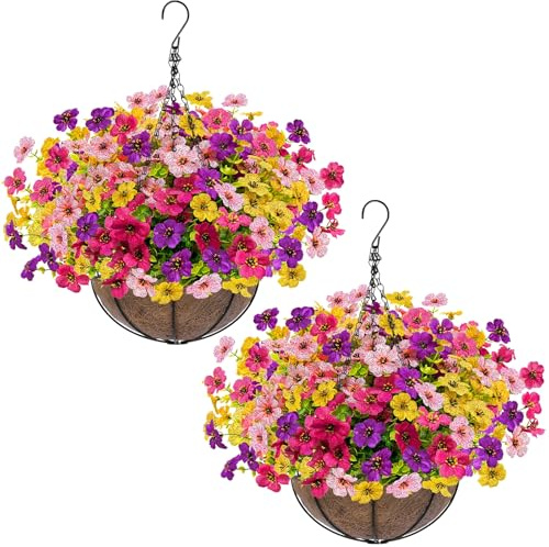2 Sets Artificial Hanging Plants Flowers Basket Outdoor, Fake Hanging Plants 24 Pcs Flowers for Porch Patio Garden Home Decor for Mothers Day Memorial Day Spring Summer (Red, Purple, Yellow, Rose Red)