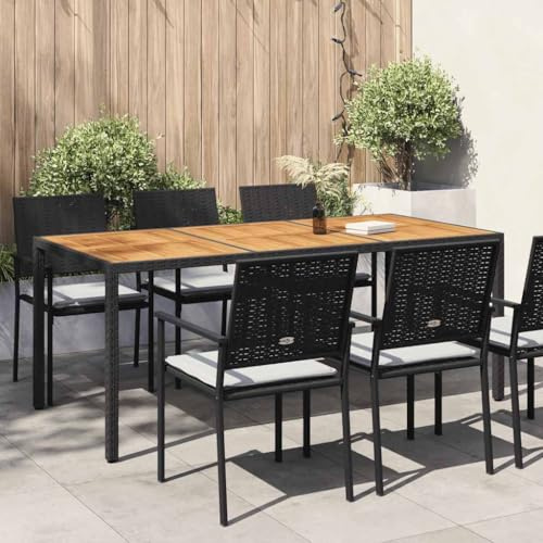 Frdhee Tavolo da birra, terrazze, tavolino da giardino, 190 x 90 x 75 cm, in rattan e legno di acacia, nero, tavolo da pranzo per balcone, giardino, terrazza