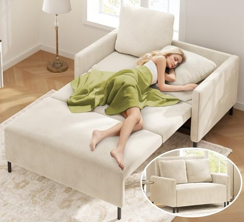 Domusensus Schlafsofa, 120CM Cord Sofa mit Schlaffunktion, 2 Sitzer Sofa | Schlafcouch 53CM Extra Tiefe Sitze, Couch mit schlaffunktion, Klein Sofa 2 Sitzer,Schlafzimmer Sofas fürs Büro 2 Kissen,Beige