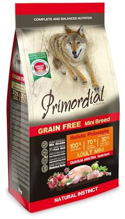 Primordial Crocchette per Cani Mini Breed Grain Free Quaglia e Anatra 2 kg - Zero Cereali - Carne fresca - erbe Officinali - Frutta