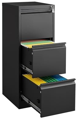 3 Drawers Filing Cabinets, Vertical File Cabinet with Lock, Metal Lockable Printer Stand for Letter/Legal/A4 Size, Utility Storage Cupboard Locker for Home Office 37.5 x 30 x 103 cm - Black