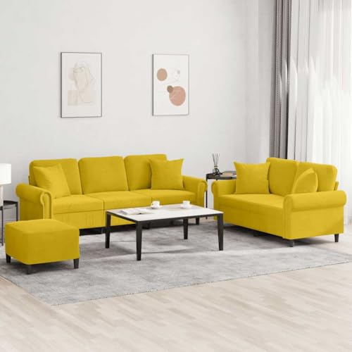 ROMHZKS Samt Sofagarnitur 3-TLG mit Hocker, Grau Samtstoff Wohnlandschaft Couchgarnitur für Wohnzimmer, Bequem Ecksofa Polstergarnitur mit Kissen, Stabiles Metallgestell, Plüsch Sofa