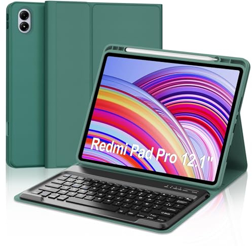 Coque Clavier pour Redmi Pad Pro/Xiaomi Poco Pad 12.1 Pouces, AZERTY Français Housse Clavier Bluetooth Magnétique Détachable avec Porte Crayon pour Redmi Pad Pro/Xiaomi Poco Pad 12.1 2024, Vert Foncé